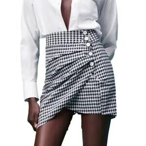 ZARA Black & White Buffalo Check Gingham Seersucker Mini Skirt Women's M